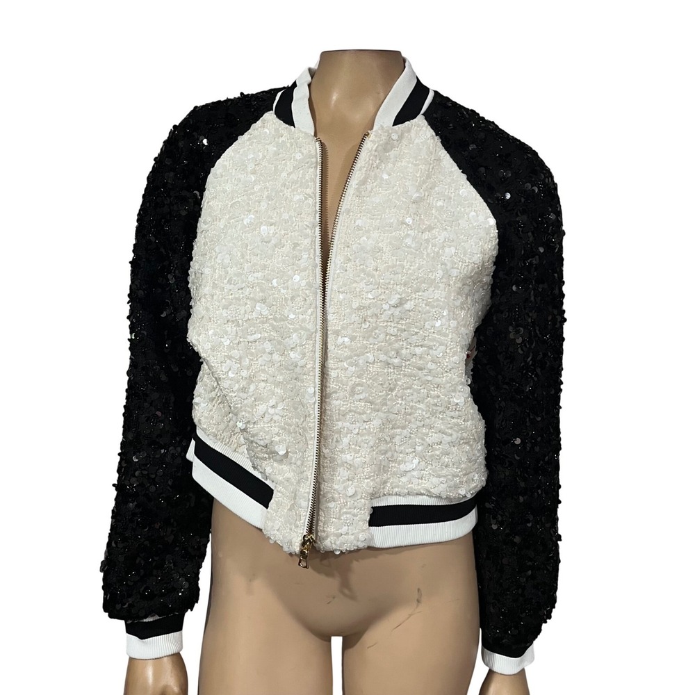 Alice + Olivia Colorblock Sequin Bomber Jacket Striped Trim Cropped NWT Sz 2